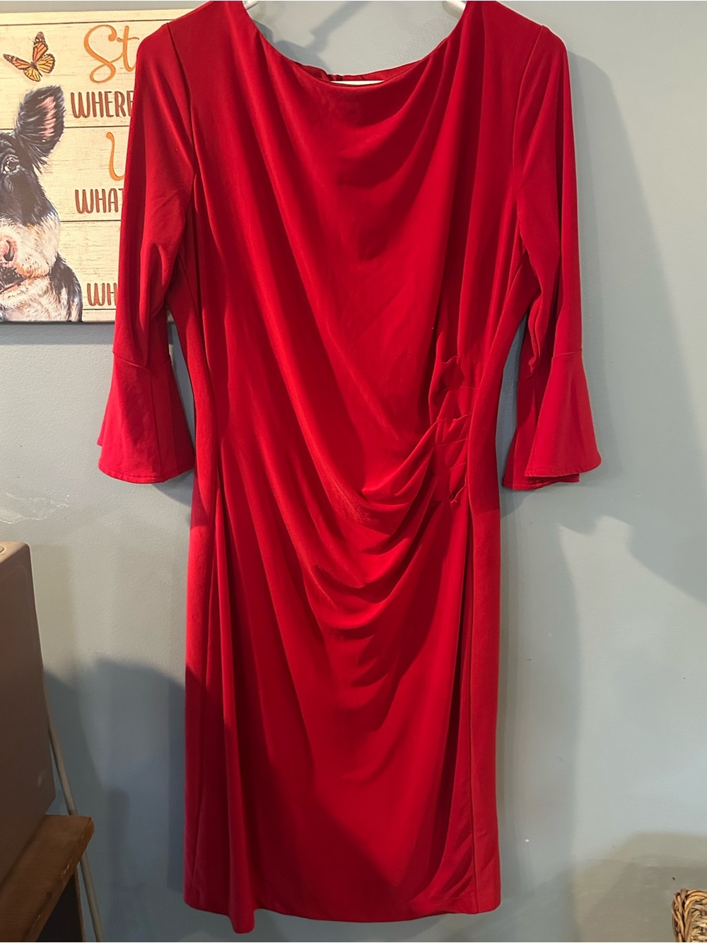 Anne Klein Red Draped Midi Dress with Fluted Sleeves